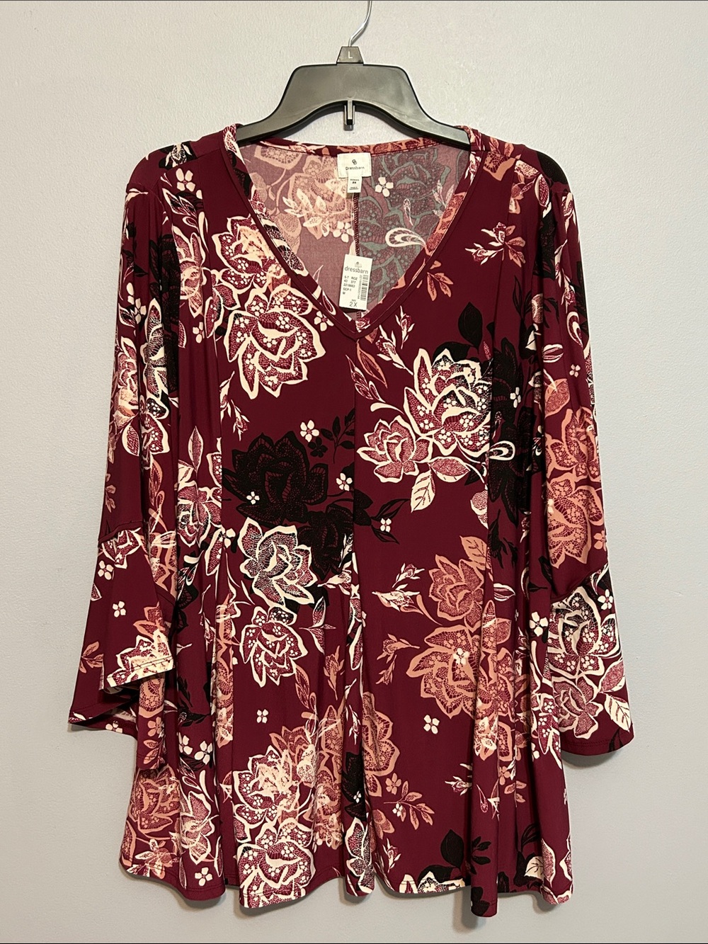 Dress Barn Burgundy Floral Tunic w/ Bell Sleeves - Size 2X